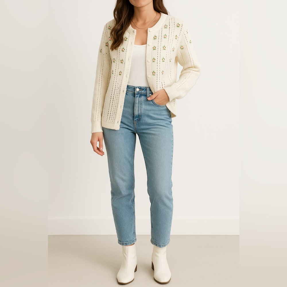 Vintage cream floral knit embroidered cardigan 40 cottagecore coquette soft girl